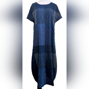 100% Cotton Lagenlook Bubble Hem Dress Sz L Colorblock Short Sleeve Maxi